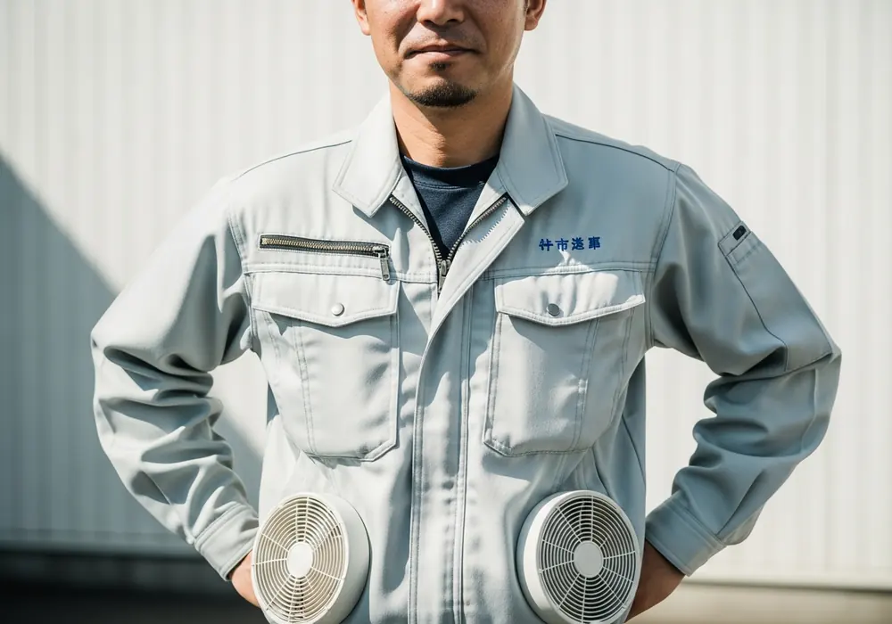 腰の左右に送風ファンが付いた空調服を着た男性