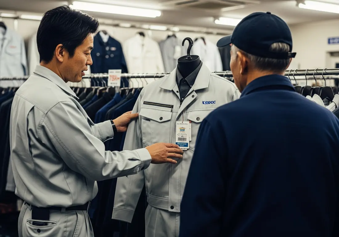 店員が作業ジャケットを手に取りながら客に説明している様子